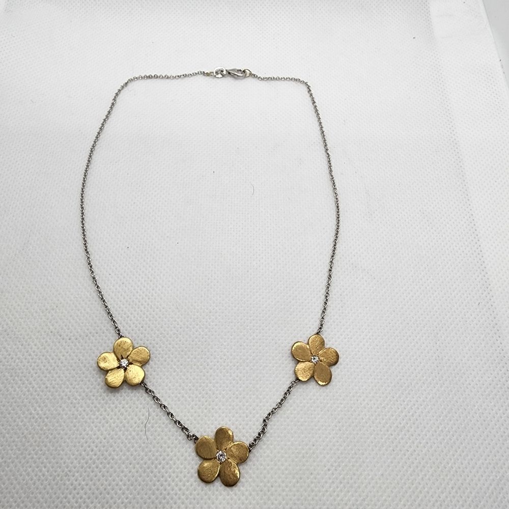 Herco 14 Karat Gold, Sterling Silver, & Diamond Flower Choker Necklace - Picture 1 of 7